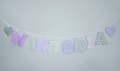 Girlanda z imieniem dziecka 8 liter + 2 dekory szaro-fioletowa