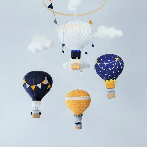 Karuzela nad łóżeczko balony musztardowy granatowy szary (1).JPG