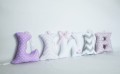 Literki z imieniem dziecka nad łóżeczko Liwia fioletowy, biały, szary, róż we wzorki